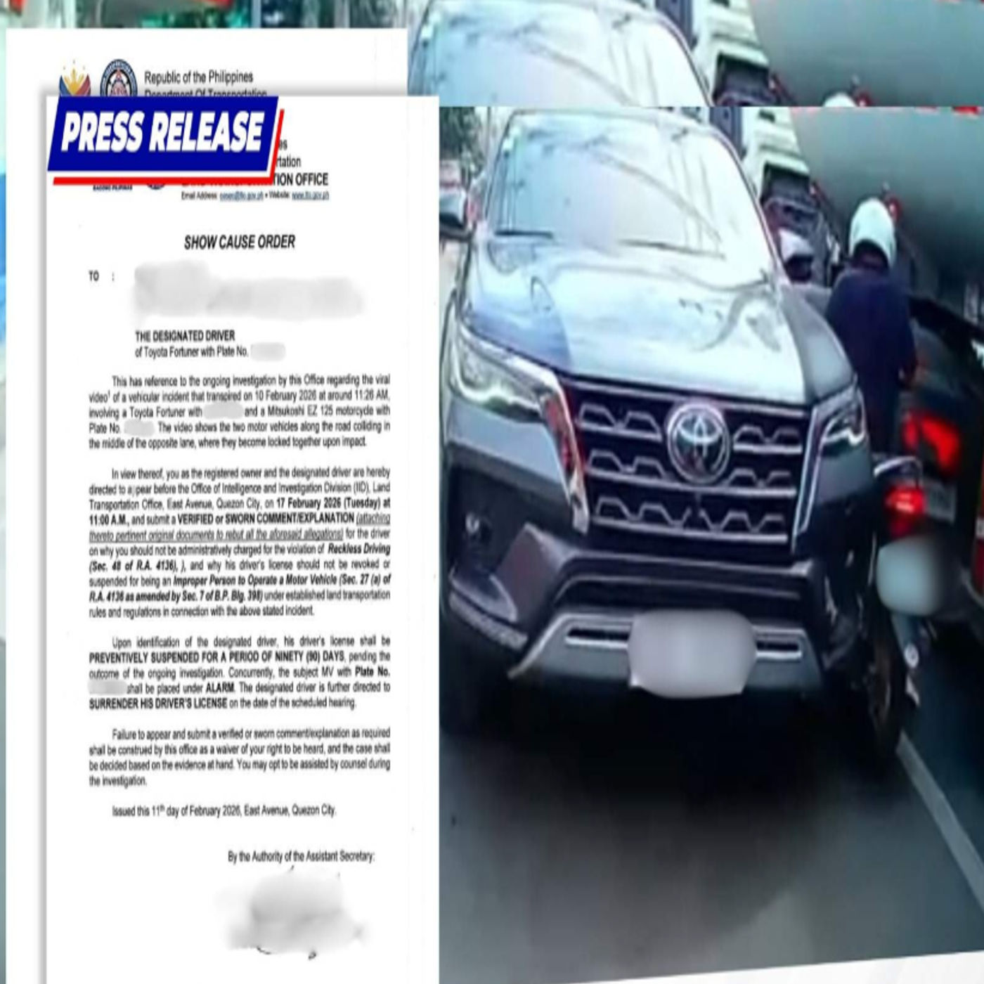 LTO issues show cause orders after viral SUV–motorcycle highway collisions — Is road discipline becoming optional?